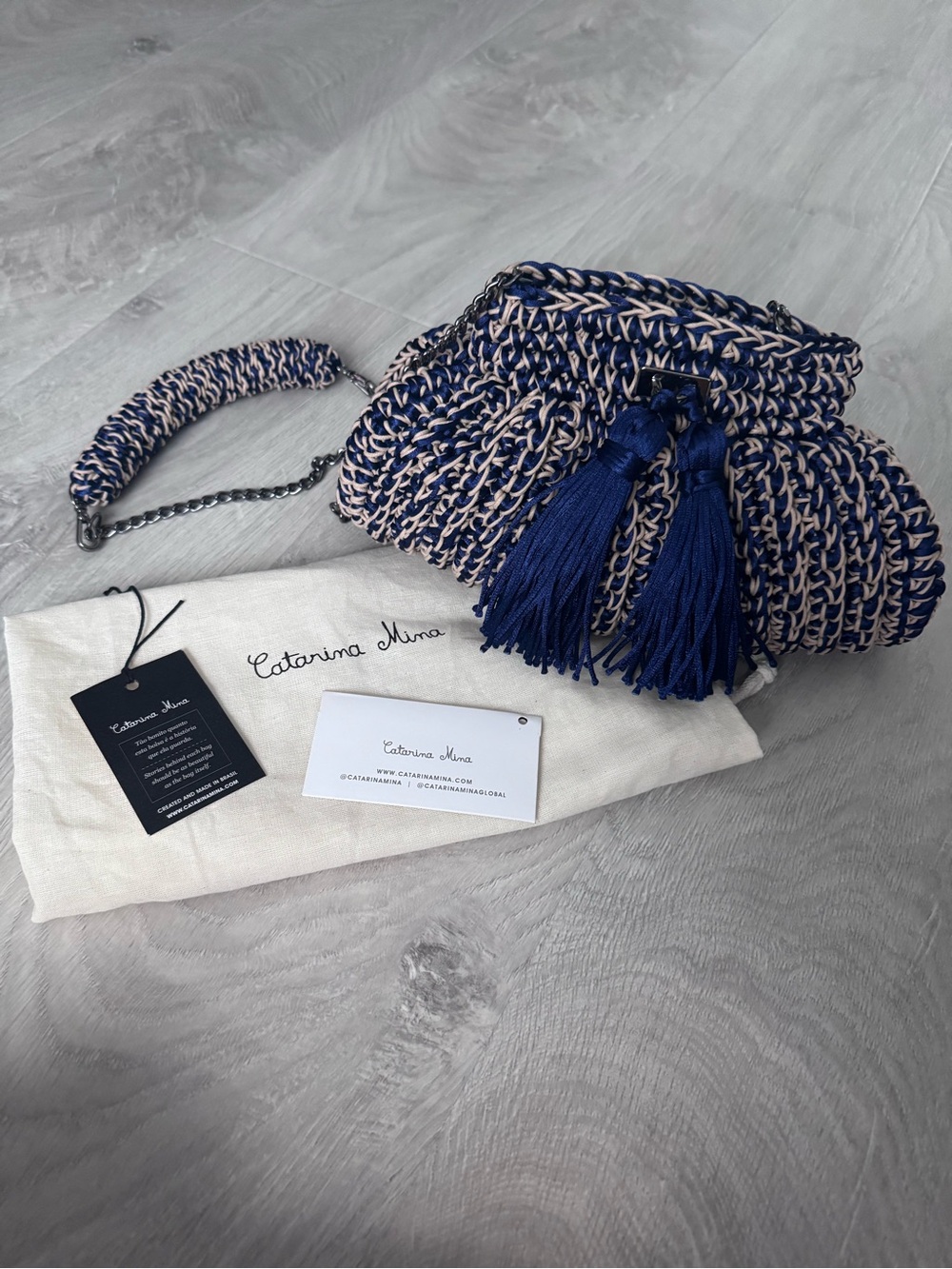 Navy & Cream Woven Crossbody with Tassels